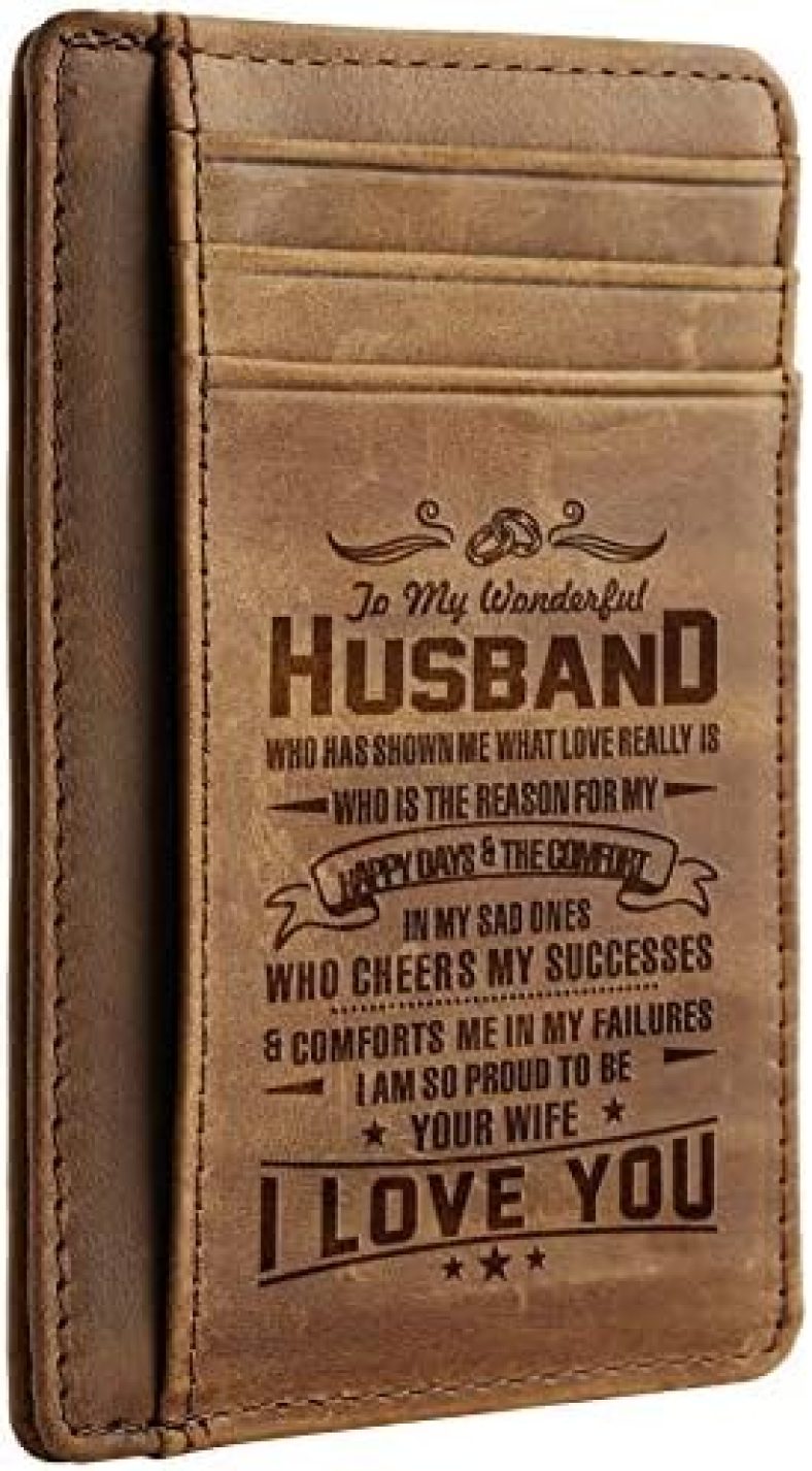 Engraved Gifts for Men, Son Husband Dad Birthday Gifts from Wife Mom Daughter Men’s Leather Pocket Slim Wallet Gift for Anniversary Christmas