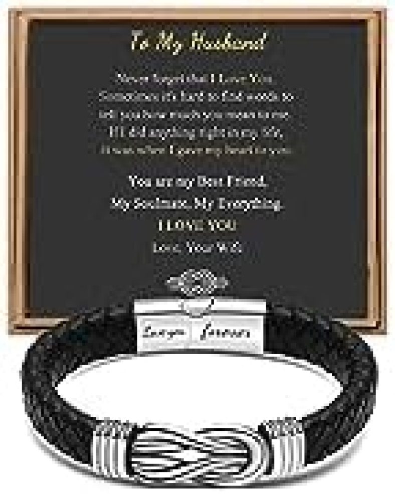 Gift for Men Black Braided Leather Infinity Bracelet for Men Dad Husband Boyfriend Son Grandson Brother Nephew Uncle Forever Linked Together Stainless Steel Engraved with Love You Forever Jewelry 7.5|8.5|9 Inches