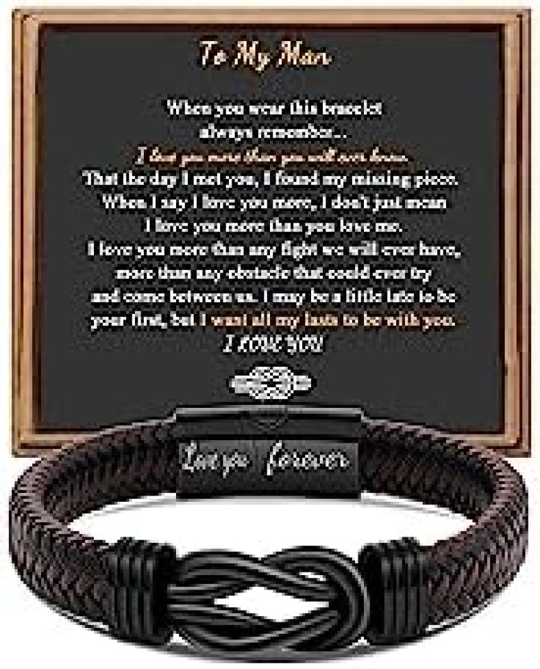 Gift for Men Infinity Bracelet for Men Dad Husband Boyfriend Son Grandson Brother Nephew Uncle Brown Braided Leather Forever Linked Together Stainless Steel Engraved with Love You Forever Jewelry 7.5|8.5|9 Inches