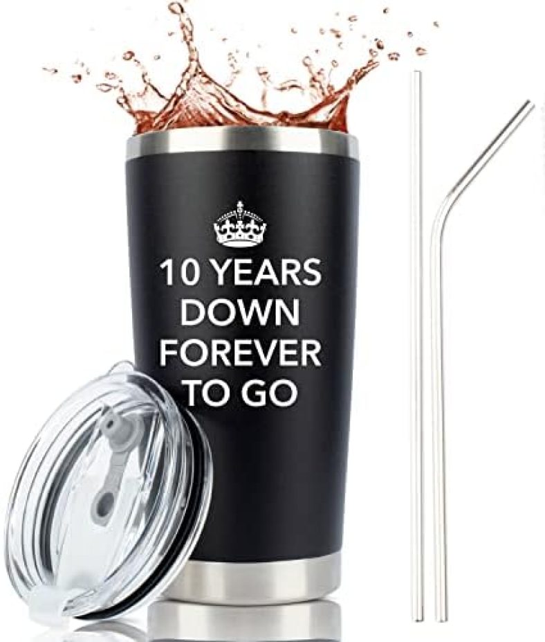 JENVIO 10 Year Anniversary for Him | 20oz Steel Travel Tumbler/Mug for Coffee or Cold Drinks | 10th tenth best Wedding Cup Gifts for Men Her Woman Work Husband Idea