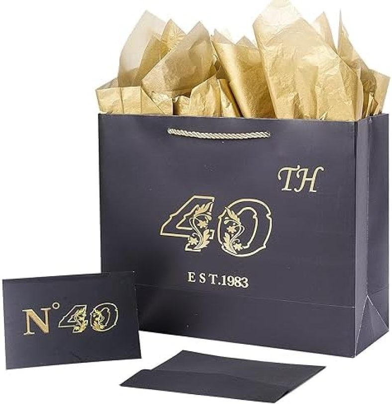 Jaywayang 40th Birthday Black Large Gift Bag with Card and Tissue Paper, Metallic Printing Keepsake Gift Vintage Bag for Men Women, 1983 Wife Husband 40 Year Old Party Paper Bag for Gifts Wrapping, Shopping Tote Bag.