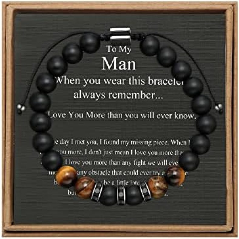 JoycuFF To My Man Mens Bead Bracelet for Boyfriend Husband, Adjustable 8mm Mens Tiger Eye Black Matte Agate Bead Bracelets