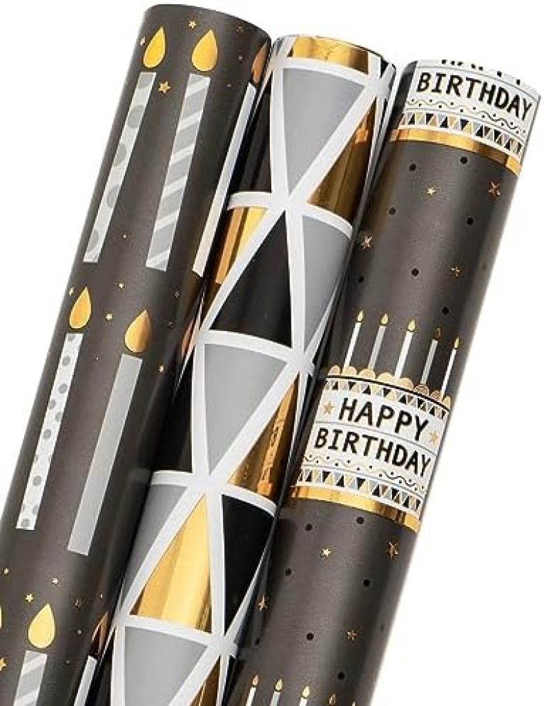 MAYPLUSS Birthday Wrapping Paper Roll – Mini Roll – 17 inch X 120 inch Per roll -Black with Gold Foil Design (42.3 sq.ft.ttl)