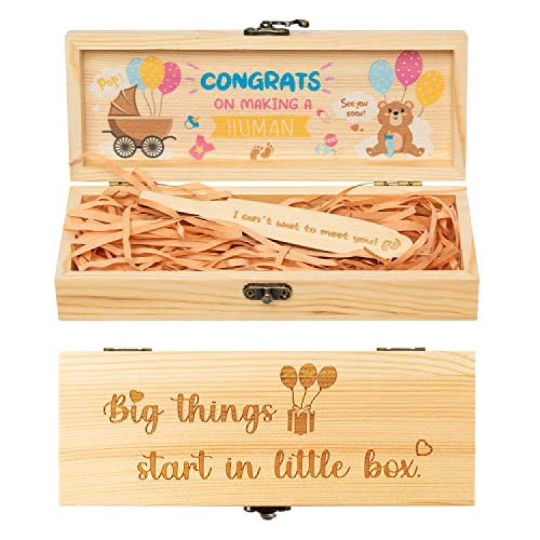 Pregnancy Test Keepsake Box, Surprise Pregnancy Announcements for Dad Grandparents Husband Aunt Boyfriend, Wooden Pregnancy Reveal Box with Raffia Funny Baby Reveal Announcements Ideas Christmas Gift