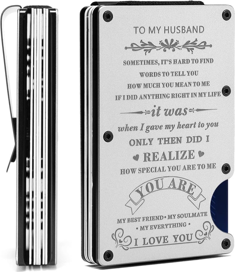 To My Husband Gift | Personalized Engraved Metal Wallet from Wife | Men Minimalist Love Message Custom Slim Aluminum Card Holder with Money Clip | Christmas Birthday Anniversary Valentines Day Wedding Father’s Day