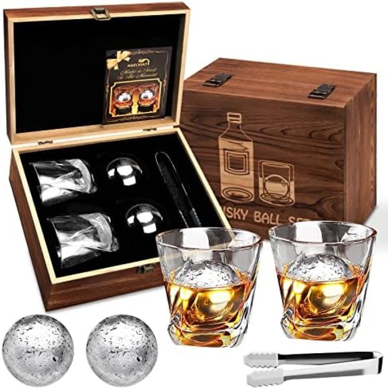 Whiskey Stones Whiskey Glass Set of 2 Large XL Stainless Steel Ice Balls Gift for Men Dad Husband Boyfriends Unique Anniversary Birthday Christmas Drinking Gift Set