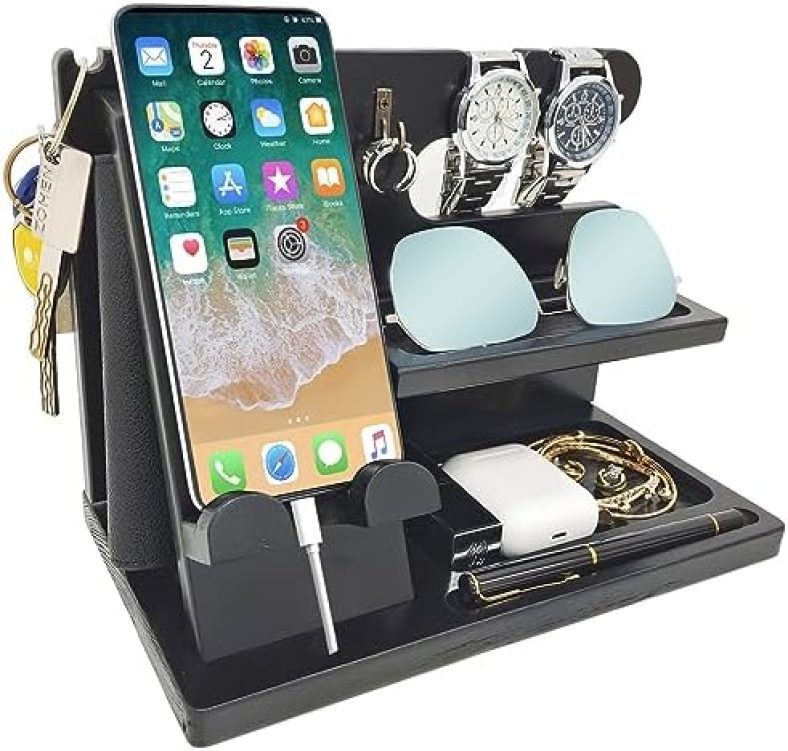 Wood Phone Docking Station for Men Nightstand Organizer Gifts for Him Birthday Gifts for Men/Dad/Husband/Him/Father Gift Idea, Black