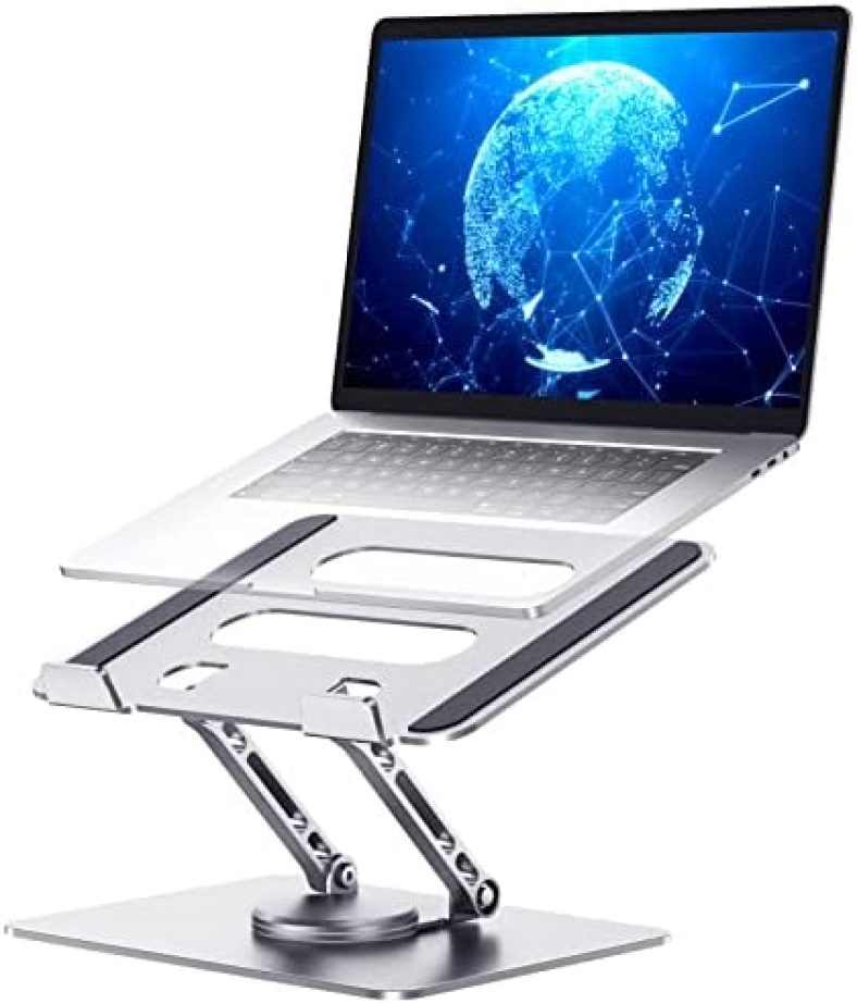 Adjustable Laptop Stand with 360 Rotating Base, Computer Stand Ergonomic Laptop Riser for Collaborative Work Dual Rotary Shaft Fully Foldable for Easy Storage Fits All Laptops up to 15.6 inches-Silver