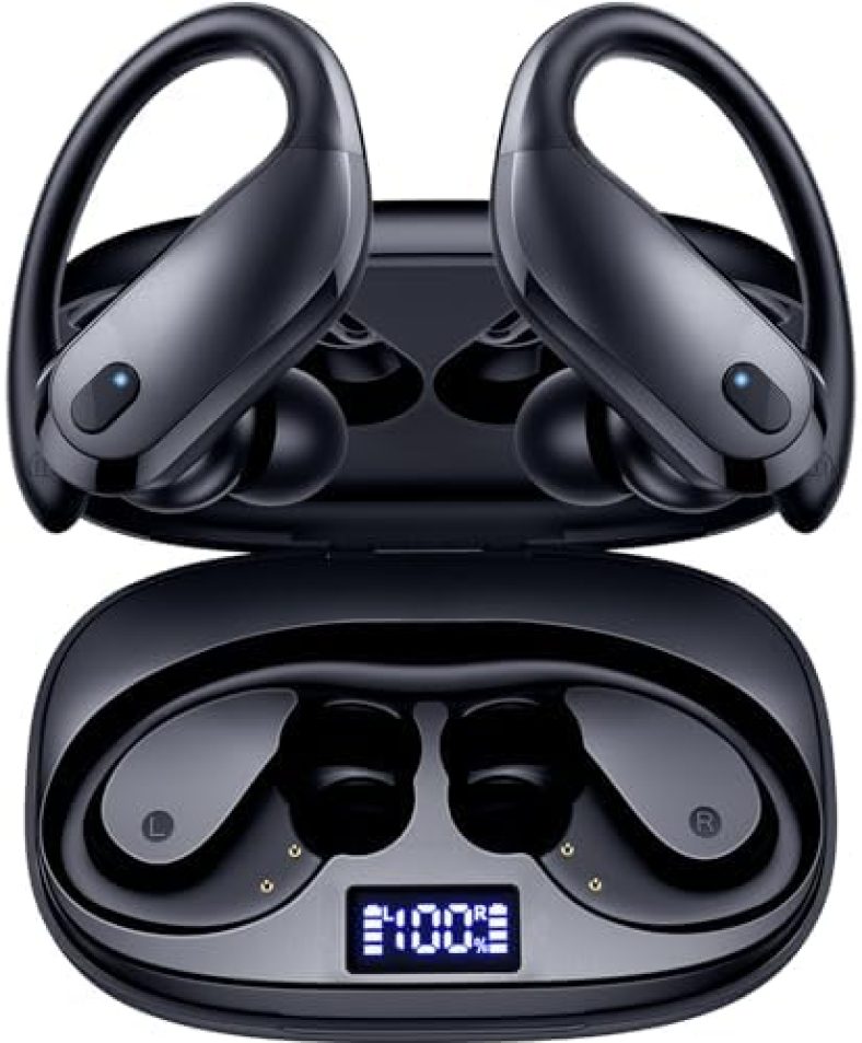 Bluetooth Headphones Wireless Earbuds Over Ear Buds 90H Playback IPX7 Waterproof Sports Earphones Deep Bass with Wireless Charging Case & Dual LED Power Display Earhooks Headset for Workout/Running