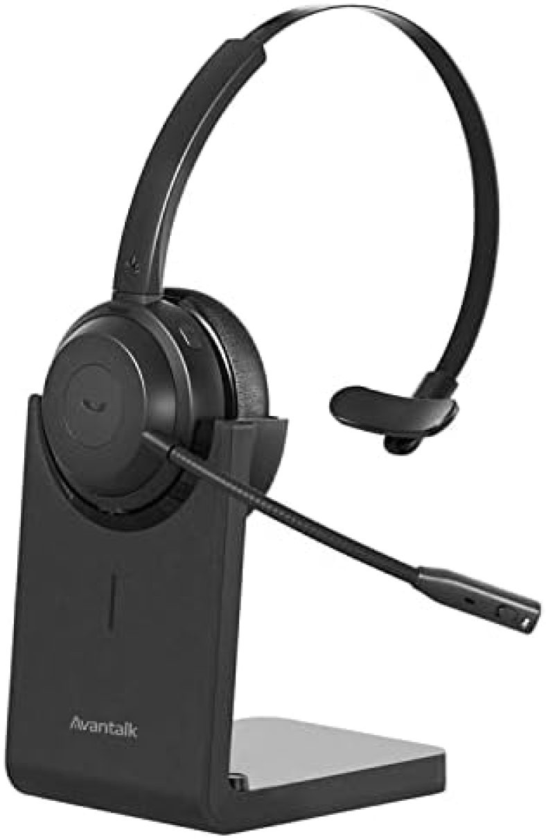 Avantalk Alto Solo – Qualcomm Wireless Headset with CVC Noise-Canceling Microphone for PC, Computer & Laptop to Work from Home with Charging Stand, Mute Button, and Wired Headphones Option