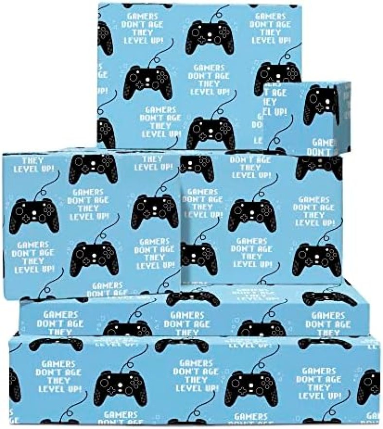 CENTRAL 23 Gaming Wrapping Paper for Boys Girls – Video Game – 6 Sheets of Blue Gift Wrap – Gamer Wrapping Paper – For Teenagers Boyfriend Husband – Recyclable