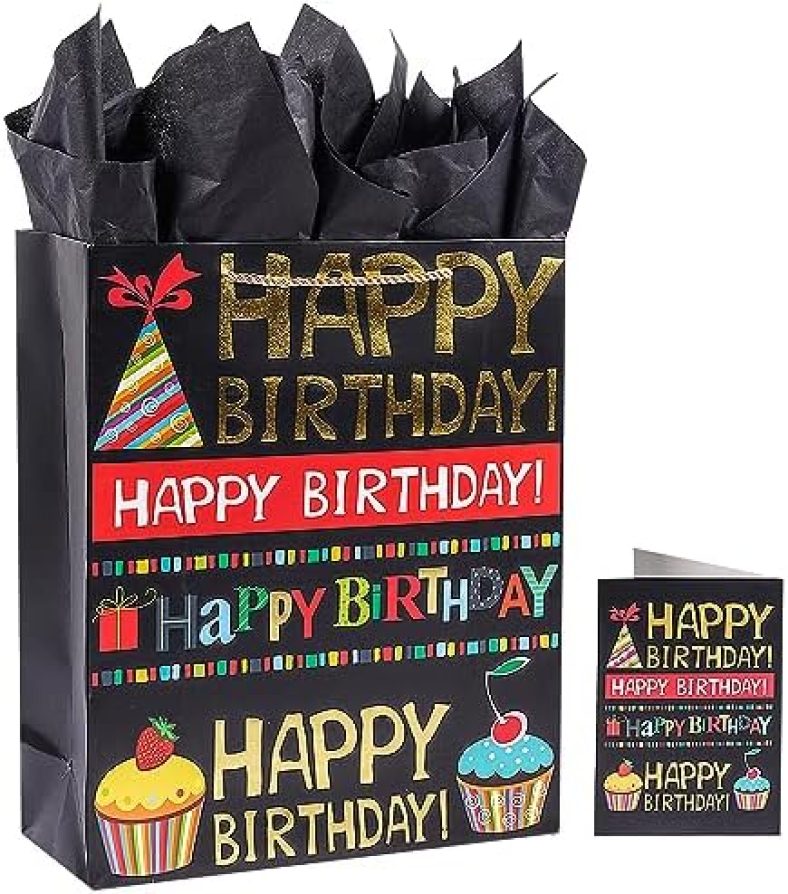 Jaywayang 12.6″ Large Happy Birthday Gift Bag with Card and Tissue Paper (Black)