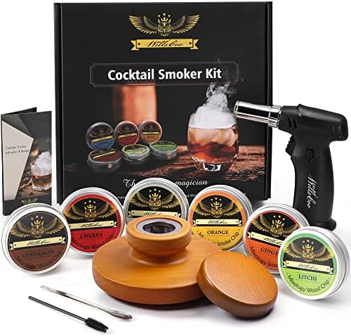 Cocktail Smoker Kit with Torch for Whiskey & Bourbon, Old Fashioned Smoker Set 6 Flavor of Wood Chips Orange/Cinnamon/Ginger/Cherry/Litchi/Hickory Anniversary Birthday Gifts for Men