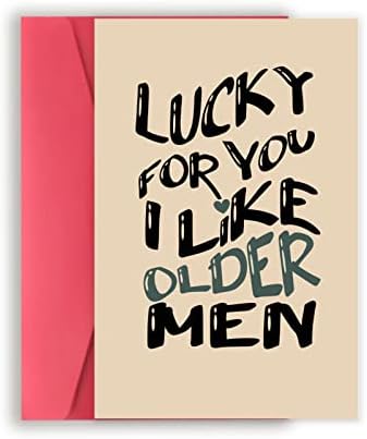 YiKaLus Funny Birthday Card for Husband, Best Anniversary Card from Wife, Naughty Valentines Day Gift Idea for Boyfriend, Lucky for You I Like Older Men Card