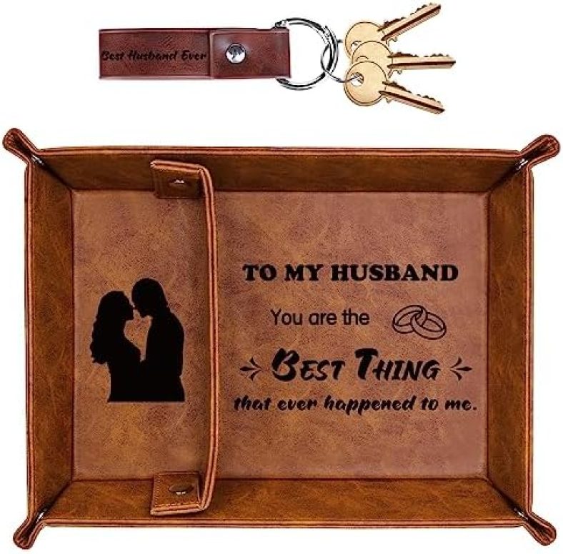 Gifts for Husband Fathers Day from Wife, PU Leather Valet Tray and Keychain, Husband Birthday Gift Ideas, Unique Cool Husband Gifts for Anniversary, Best Husband Ever Gifts for Him