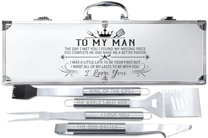 Gifts for Man, Christmas Grill Gifts for Him Husband & Boyfriend, Anniversary Birthday Christmas Congratulations Cool BBQ Gifts, to My Man Unique Stainless Steel Tool Heavy Duty Set 4 & Carring Bag