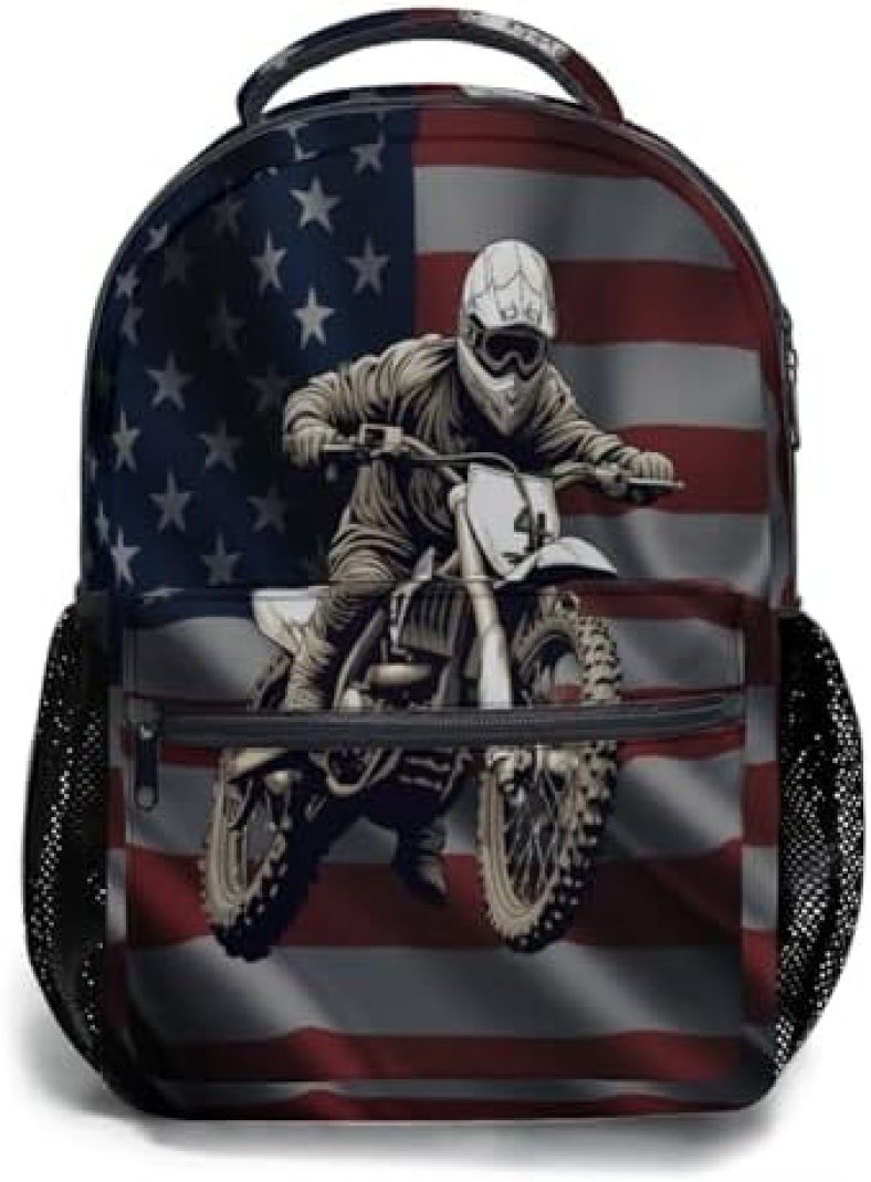 Motocross Dirt Bike American Flag School Backpack, Kids Backpack for Boys Girls Teens, Laptop Backpack Double Shoulder Bookbag for Children School Travel Hiking Camping Daypack