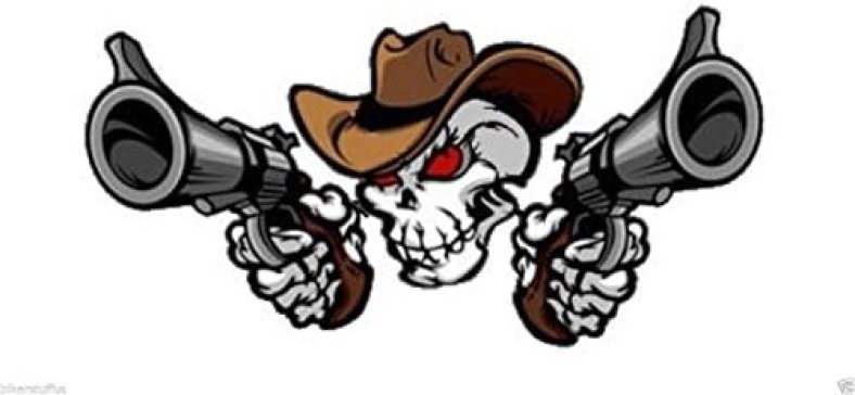 MFX Design Cowboy Skull with Guns Helmet Sticker Decal Hard Hat Sticker Decal Laptop Sticker Decal Tool Box Sticker Decal Vinyl – Made in USA 2 in. x 1.25 in.