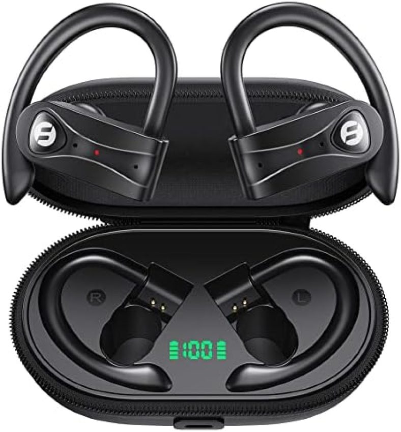 Bluetooth Headphones Noise Canceling 4 Mics Clear Call 120H Playtime Stereo Bass Sound Wireless Charging Case Over Ear Earphones LED Digital Display Headset with Earhooks for Sport Running Workout Gym