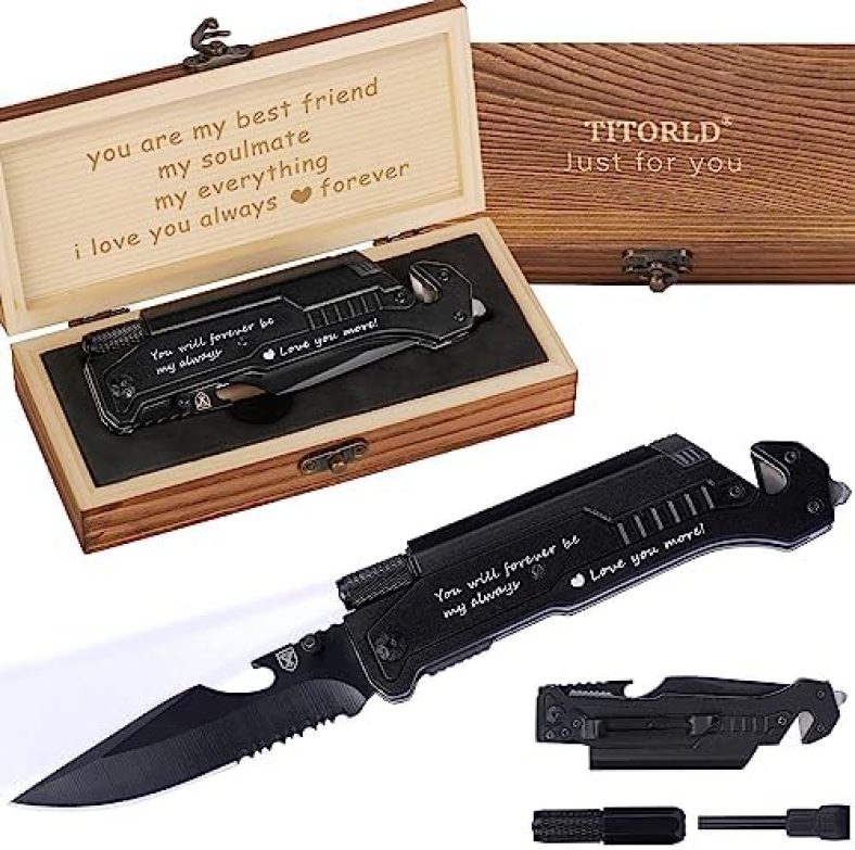 Gifts for Him Men, Anniversary Birthday Gifts for Him Boyfriend Husband, Engraved Pocket Knife, Camping Hunting Multitool Knife Present, 7 in 1 Folding Knives with Wood Box, LED Light