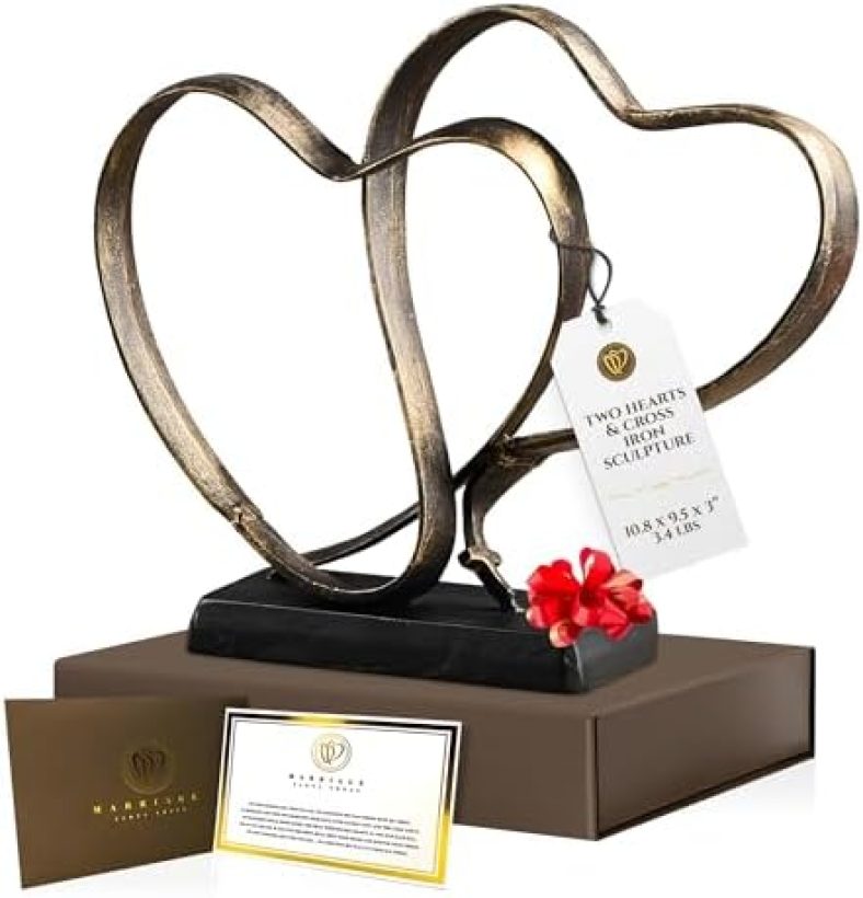 UTOPISH Wedding Anniversary Couples Gift – Two Hearts and Cross Iron Sculpture, Heart Decoration Gift for Her and Him, 1st to 50th or 60th Anniversary, Includes Gift Box and Poem Card