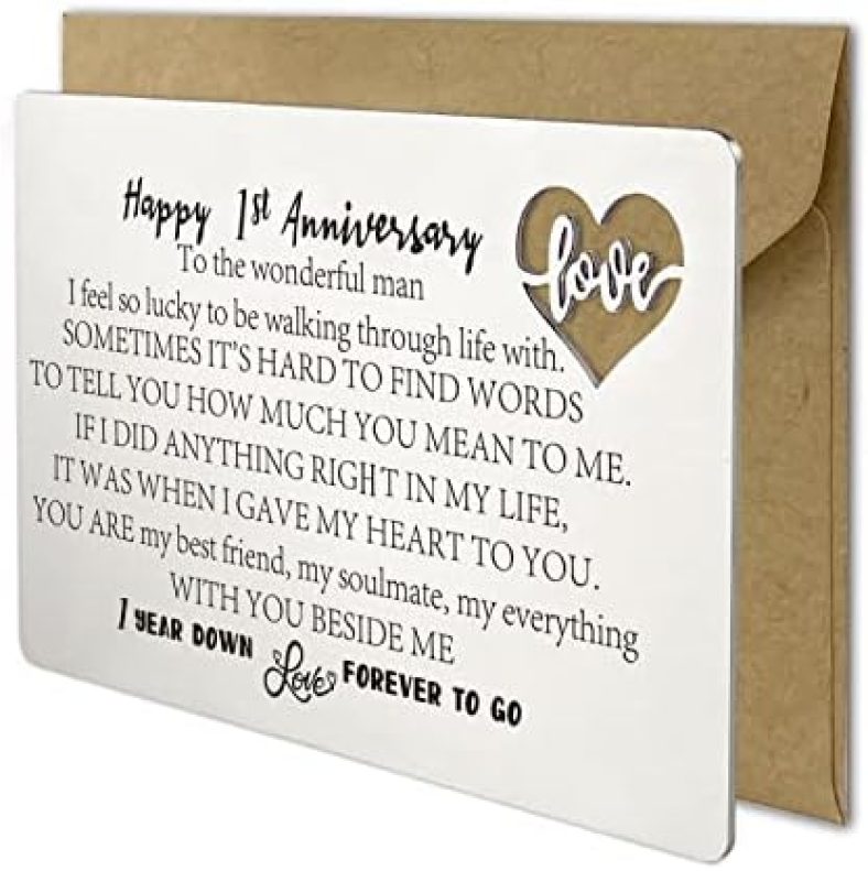 YODOCAMP 1 Year Wedding Anniversary Card for Husband Men, Happy 1st Anniversary Card Gifts for Him, Boyfriend From Wife Girlfriend, Engraved Metal Wallet Insert Anniversary Presents