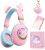 QearFun 7 Colors LED Light Up 3D Cat Headphones Bluetooth, Foldable Cat Ear Wireless On Ear Earphones Gaming Headset with Mic & 3.5mm Jack, Gifts for Kids/Teen Girls/Cat Lover/iPad/Tablet（Pink）